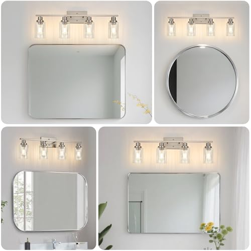 Image of Jonsi Brushed Nickel Bathroom Light Fixtures, 4-Light Brushed Nickel Vanity Light, Bathroom Vanity Light with Stripe Glass Shade, E26 Wall Sconces Over Mirror for Bathroom, Living Room, Hallway