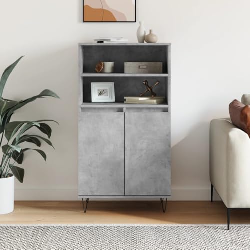 Aparador alto gris hormigón de 60x36x110 cm con 6 compartimentos y patas de metal para salón 2