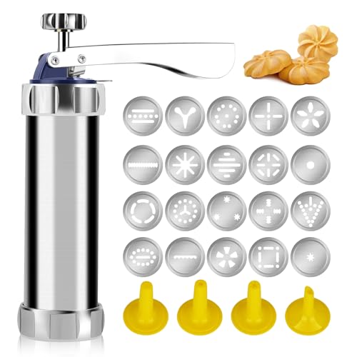 YEHOSHUN Cookie Press Kit, Upgraded Cookie Maker Gun, Stainless Steel Spritz Cookies Press for Baking With 20 Cookies Discs And 4 Piping Tips, for DIY Christmas Cook-ie Maker and Decorating