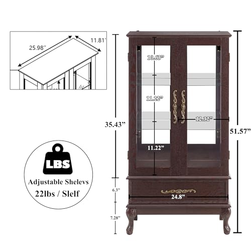 Image of 51 inch H Lighted Curio Cabinet Display Case, Glass Curio Cabinet with Adjustable Shelves,Tempered Glass Door and Drawer, Wooden Cabinets w /Mirrored Back Pane for Living Room (Dark Cherry)