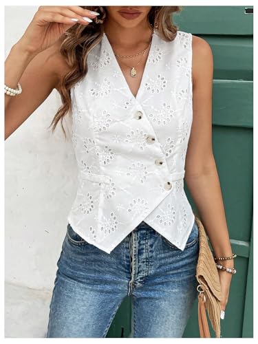 SHENHE Women's Button Up Blouse Eyelet Asymmetrical Blouse Top Dressy Sleevless Vest4
