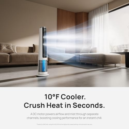 Image of DREO TurboCool Misting Fan 765S, Tower Fans that Blow Cold Air, 10F Cooling, 34ft /s Fast Standing Fan, 6L Tank, 20 dB Quiet DC Motor, 90 Smart Oscillating Fan with 12 Speeds, 4 Modes for Home, White