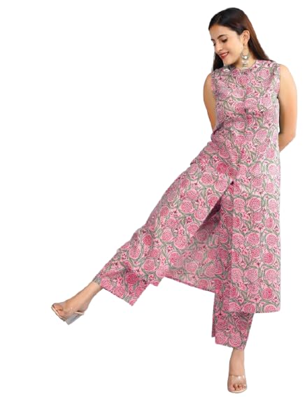 Image of Cotton Printed Front Slit Kurta with Palazzo Set for Women