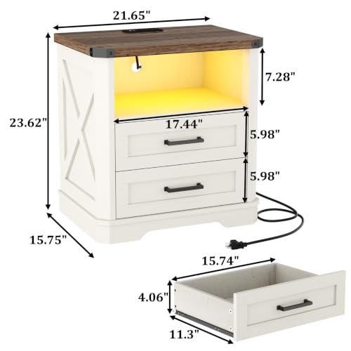 Image of Yusong 23.62 inch Tall Night Stand, LED Nightstand with Charging Station, Modern Night Stand, Wood Sofa Couch End Side Table with 2 Pull-Out Shelf, White