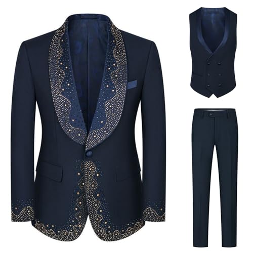 Mens Luxury 3 Pieces Suit with Rhinestone Slim Fit Shawl Lapel Blazer Jacket Vest Pants Set for Prom,Party,Dinner
