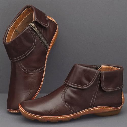 Ankle Boots for Women No Heel Arch Support Side Zipper Vintage Leather Damping Shoes Booties Fashion Casual Round Toe Non-Slip Short Boots Womens Walking Bootie Outdoor Roman Shoes2