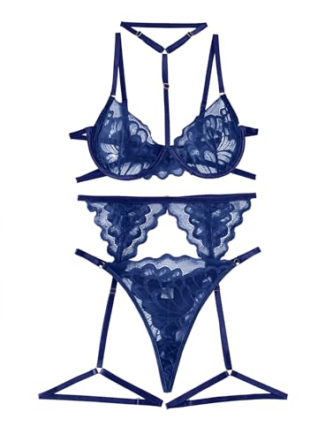 Image of Lilosy Sexy Choker Floral Lace Scallop Sheer Underwire Push Up Garter Belt Lingerie Set 3 Piece