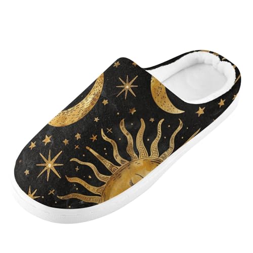 Golden Sun Moon Stars Boho on Black Mens House Cotton Slipper Wide Memory Foam Indoor Shoes for Indoor Funny Presents 6-7 5