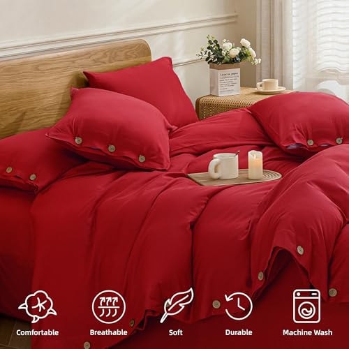 Image of JELLYMONI Cotton Duvet Cover Full Size - Crimson Red Comforter Cover with Button 100% Washed Cotton 3PCS Breathable Soft Solid Bedding Set Duvet Cover 80x90in & 2 Pillowcases (NO Comforter)