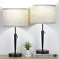 GGOYING Set of 2 Bedroom Table Lamps, Pull Chain Bedside Lamps with USB A & C Charging Ports,5000K LED Bulb,Linen Lampshade for Livingroom, Bedroom, Home