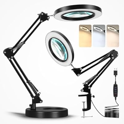 Tqy Ventures 10X Magnifying Glass with Light and Stand and Clamp Desk LED Magnifying Lamp Large Hands-Free Magnifier with Light Hands Free, Mirror for Crafts jewellers Hobbies Adjustable Arm