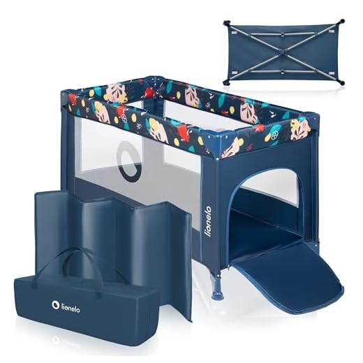 LIONELO Stefi Cuna Bebe Parque Infantil Bebe Apertura Lateral colchoneta protección contra el Plegado LockGuard Lados de Tela de Malla Bolso de Transporte (Azul Oscuro)