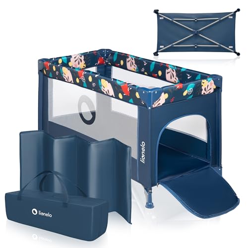 lionelo Stefi Cuna de Viaje para Bebé Apertura Lateral, Colchoneta 120x60 cm, Sistema LockGuard, Lados de Malla Transpirable, Bolsa de Transporte Incluida