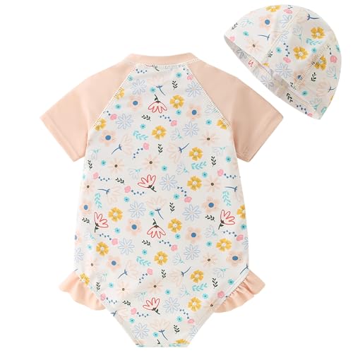 AIWUHE Toddler Girls One Piece Swimsuit Ruffle Rash Guard Zipper Bathing Suit Short Sleeve Swimwear with Hat UPF 50+ 1-5T2