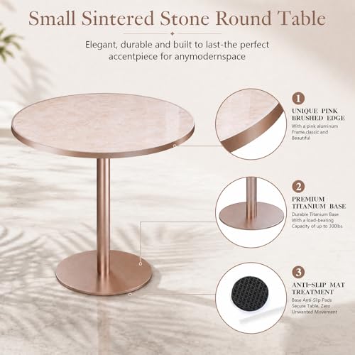 Image of 31.5 inchTulip Table, Sintered Stone Small Round Dining Tables&Metal Edge&Base | Small Modern Circle Dining Table for 2-4 Person ,Bistro Tables for Dining Room /Kitchen /Restaurants /Small Spaces /Marble Pink