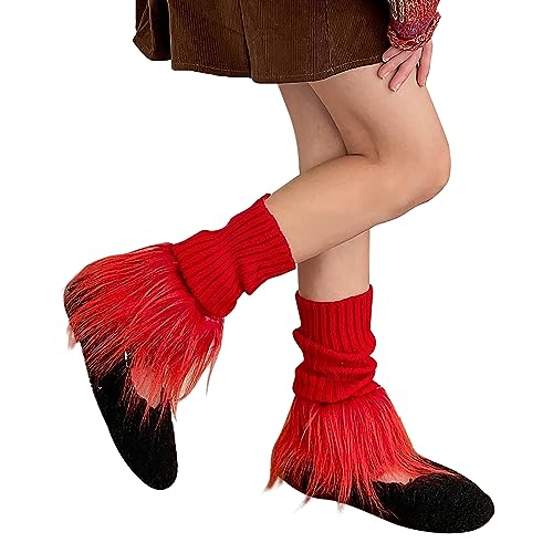 Image of Women Leg Warmer Girls Faux Fur Trim Knitted Leg Cover Lolita Winter Warm Long Socks Furry Boot Cuff