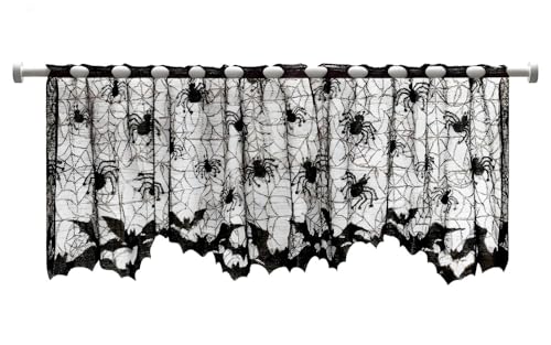 Halloween Lace Window Curtain,Vintage Spider and Bats Design Gothic Valance,Spiderweb