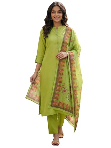 Image of INDO ERA Women's Straight Cotton Blend Ethnic Motifs Embroidered Kurta Pant With Dupatta Set
