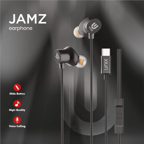 Image of Unix JAMZ Type-C Earphones with 10mm Dynamic Driver, Super Bass Boosted Sound, in-Ear Headphones with Mic, 1.2m Cable, Noise Isolation Earbuds for Android Phones, Tablets & Type-C Devices - Black