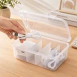 Cable Organizer Box with Lid, Small Plastic Cord Storage Box with 4 Compartments, Charger Cable Organizer for Desk & Drawer, Stackable Electronics Storage for Home Office Accessories
