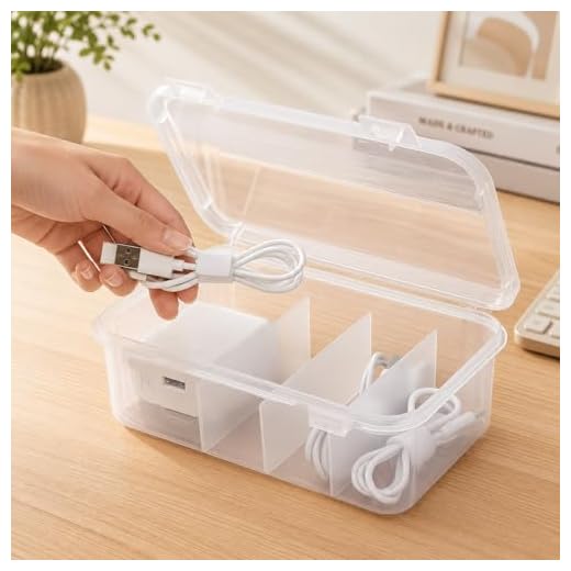 Cable Organizer Box with Lid, Small Plastic Cord Storage Box with 4 Compartments, Charger Cable Organizer for Desk & Drawer, Stackable Electronics Storage for Home Office Accessories