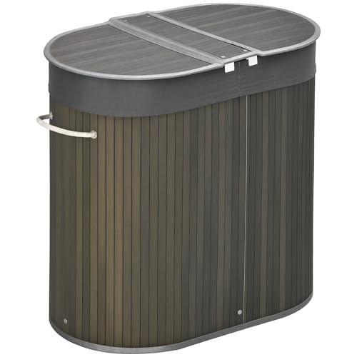 HOMCOM Cesto de la ropa de bambú con tapa 100L colector de ropa con asas, 2 bolsas de ropa extraíbles, clasificador de ropa caja de lavandería para lavadero, baño, dormitorio, gris