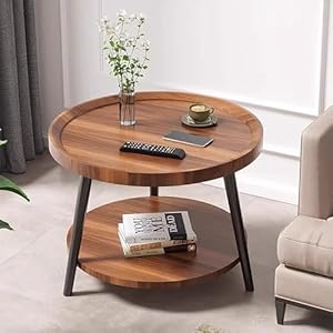 Beistelltisch Rund Holz | Beistelltische fürs Wohnzimmer | Couchtisch Klein mit 2 Ablage | Sofatisch H48x Ø50 cm Einfacher Aufbau | Wohnzimmertisch für Couch Sofa (Nussbaum)