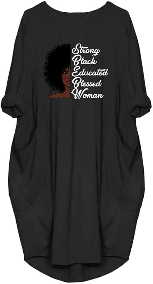 WbJetr Women's Long Sleeve Pocket Dress Black Woman Afro Brave Blessed Tunic Tops