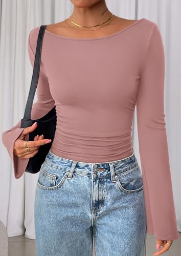 Image of PRETTYGARDEN Women Long Sleeve Shirt 2025 Crop Casual Boat Neck Bell Sleeve Ribbed Ruched Y2K Clothing