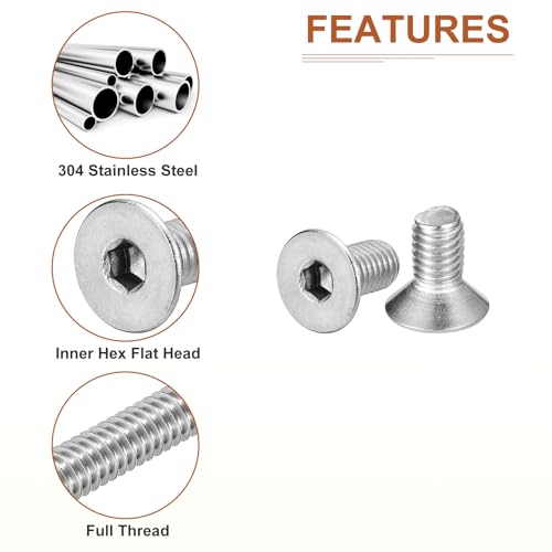 Image of DTGN M5-0.8 x 10mm Flat Head Socket Cap Screws, 100 Pack 304 Stainless Steel Hex Socket Flat Head Screws, Full Thread, Countersunk Bolts