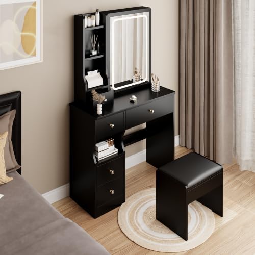 Miniatura 6 de Juego de tocador de maquillaje con espejo y luces, escritorio LED negro con taburete acolchado, 6 cajones, 2 estantes de almacenamiento, tocador