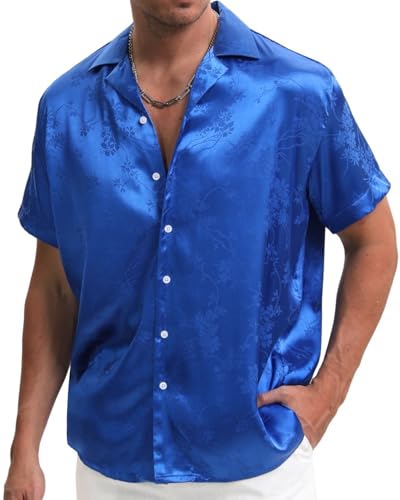TUNEVUSE Men Satin Shirt Shiny Short Sleeve Floral Button Down Jacquard Dress Summer Solid Shirt Tops S-5XL3