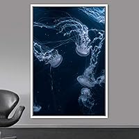 Framed Canvas Wall Art Jellyfish Bedroom Colorful Jellyfish Marine Life Multicolor Neon Photography Tropical - 16x24 inches