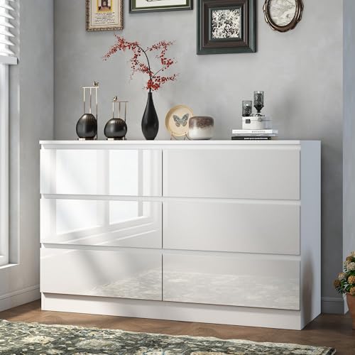 Furnivado Dresser for Bedroom, High Gloss Chest of 6 Drawer Dressers, Modern Dresser with Ample Storage Space, White Dressers for Bedroom, Hallway, Office
