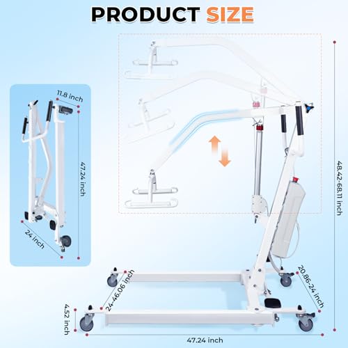 Image of Electric Foldable Patient Lift for Home with Sling, Adjustable Patient Lift Wheelchair Nursing with 4 Casters for Caregivers Home Seniors, Electric Adjustable Sit to Stand Chair for Elderly 450Lbs