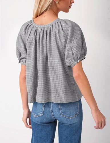 MISSACTIVER Plaid Puff Short Sleeve Shirts Women Button Down Crew Neck Babydoll Tops Summer Flowy Gingham Peplum Blouse3
