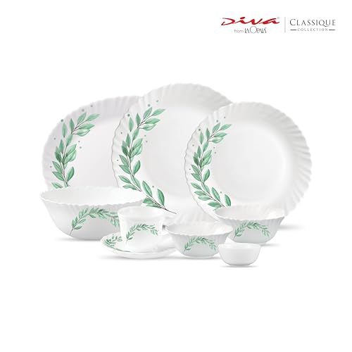 Image of La Opala Diva Classique Collection Opal Glass Crockery | for Family of 8 | Dinner Set 53 pcs Olive Trails | Plates, Bowls & Cups for Dining | Microwave Safe | 100% Vegetarian | Extra Strong | White