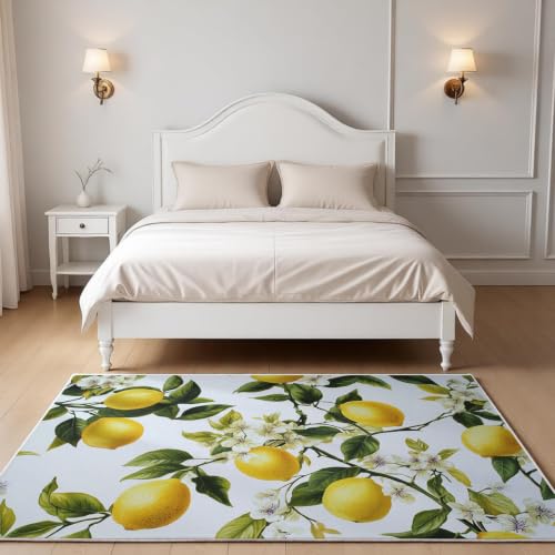 Tapis salon 120 x 180 cm jaune à motifs feuilles et citrons
