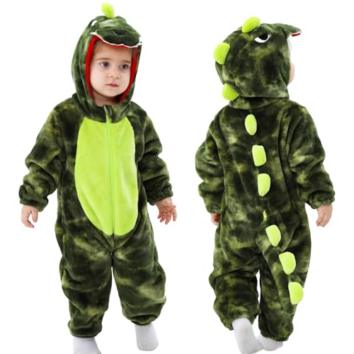 LOLANTA Toddler Dinosuar Animal Costume Stitch Onesie Baby Kids Flannel Hooded Jumpsuit Dress Up Outfit?18-23M,Tie-dye Green?