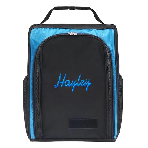 Personalized Shoe Bag for Men & Women - Zippered Closure with 3 Pockets, Custom Embroidery Lightweight Travel Shoe Carrier, Smell Proof Cleat Bag for Soccer, Golf & Gym(Black+Blue)