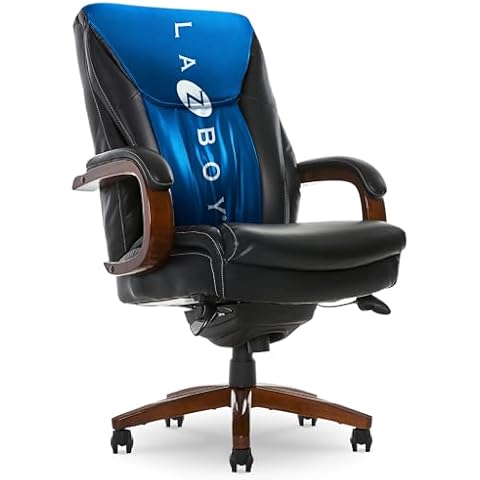 La-Z-Boy Edmonton Big and Tall Executive Office Chair with Comfort Core Cushions, Solid Wood Arms and Base, Waterfall Seat Edge, Bonded Leather, Big & Tall, Black Cover