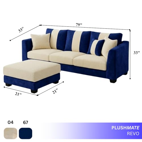 Image of Revo 4 Seater L Shape Sofa Set with Movable Ottoman | Flexible Left or Right Layout | Luxury Velvet Suede Fabric | Modern Living Room Sofa | Dark Blue-Cream