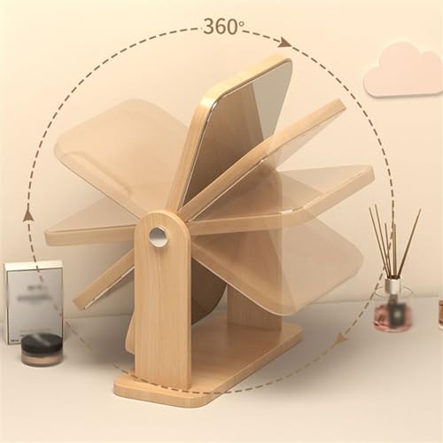 Espejo de maquillaje de mesa con base giratoria de madera natural en tamaño pequeño 6