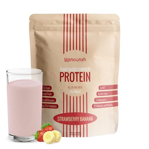 UpNourish Strawberry Banana Vegan Protein Powder 54 Superfoods Powder 1.5 Billion CFU Probiotics 21g Plant Based Protein No Sugar No Dairy No GMO Dairy Free Meal Replacement Shake Keto-Friendly Low-Carb Diet 15 Servings