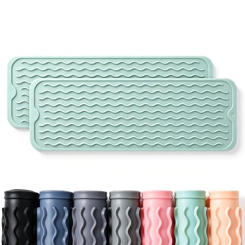 Image of 2 Pack Caketime Silicone Dish Drying Mat for Kitchen Counter Under Bathroom Sink Near Faucet Absorbent for Dishes Water Heat Resistant Pad with Soap Holder Decor essentials 17inchx6inch Green