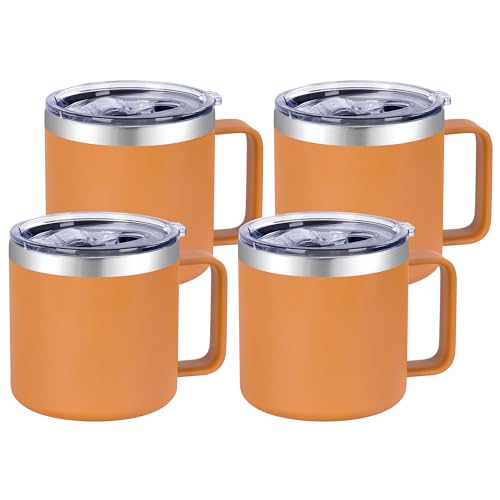VEGOND 14 oz Insulated Coffee Mug Bulk with Handle, Stainless Steel Travel Coffee Mug with Lid, Double Wall Vacuum Metal Coffee Cup, Coffee Tumbler Powder Coated, Orange 4 Pack