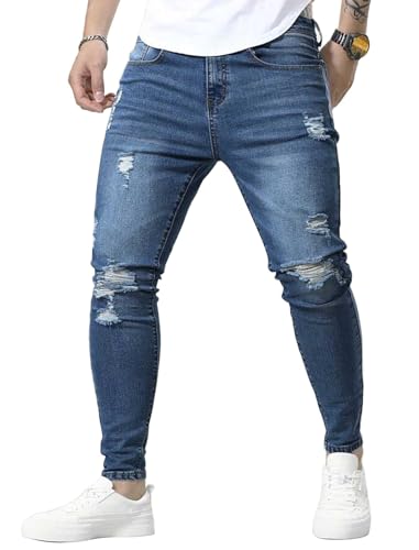 HUNGSON Skinny Jeans for Men Stretch Slim Fit Ripped Distressed(Blue,36)2