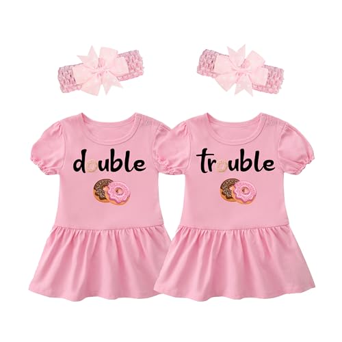 Image of YSCULBUTOL Baby Twins Bodysuit Double Trouble Sweet Donuts Girl Outfits Sister Dresses Infant Romper With Headband Set