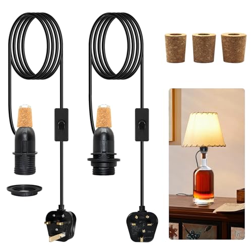 Lamp Kits Do it Yourself, 2 Pack E14 Bottle Light Adaptor Kit, 240 CM Extended Bottle Lamp Kits, Black Wine Bottle Table Bulb Holder, Includes 3 Sizes of Stoppers for Many Types Bottle, for Bedside