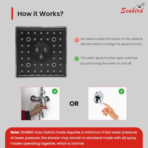 Image of SEABIRD ABS AutoSwitch 4x4 Inch Shower Head | 3 Modes: Rain, Dancing & Mist | Auto Mode Change via ON /OFF Works Only with 3 Bar Water Pressure or Pump | Low Pressure May Cause Single /Mixed Modes